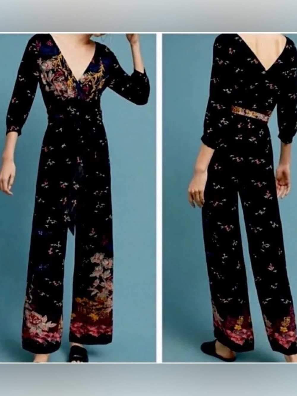Anthropologie Women’s Feather Bone Black Motif Printed Jumpsuit Size 6